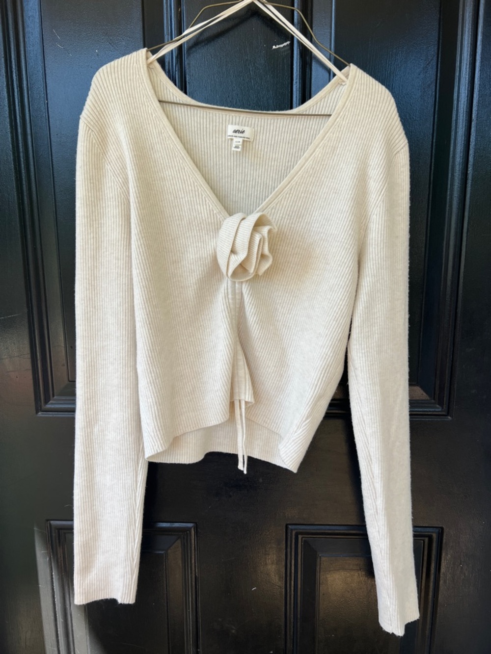 Aerie Cream Ribbed V-Neck Tie-Front Sweater